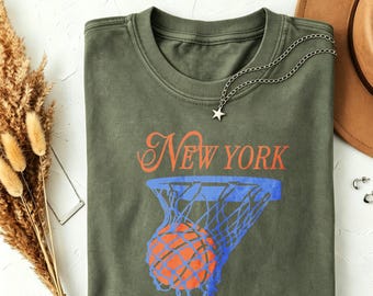 Koszulka Vintage New York Basketball Hoop, koszulka z grafiką retro NYC Basketball Club, oliwkowozielony, swobodny top dla kibica