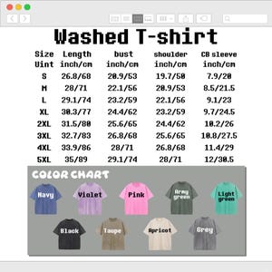 May include: A size chart for a washed t-shirt displaying measurements in inches and centimeters for sizes S through 5XL, including length, bust, shoulder, and sleeve. Below is a color chart featuring navy, violet, pink, army green, light green, black, taupe, apricot, and grey t-shirts.