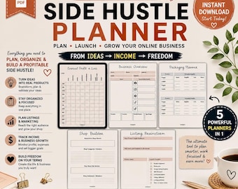 Side Hustle Planner Printable, Etsy Seller Planner, Small Business Organizer, Income Tracker & Business Growth Workbook PDF