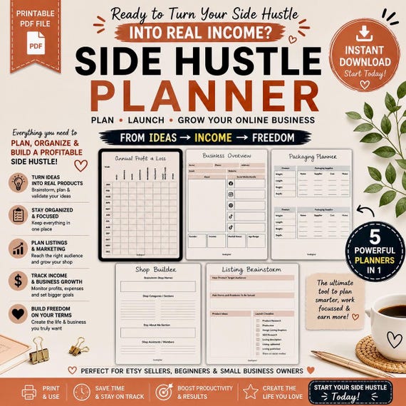Side Hustle Planner Printable, Etsy Seller Planner, Small Business Organizer, Income Tracker & Business Growth Workbook PDF