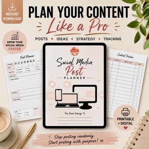 May include: A digital social media post planner with the text "Plan Your Content Like a Pro." The planner includes sections for posts, ideas, strategy, and tracking. The image also includes a content tracker and the text "Stop posting randomly. Start posting with purpose!"