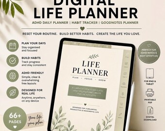 Digital Life Planner PDF | ADHD Daily Planner | Habit Tracker | GoodNotes Planner | Printable Productivity Planner