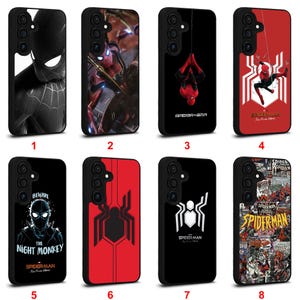 May include: A collection of eight black phone cases featuring Spider-Man designs. The cases showcase various images of the superhero, including action poses, logos, and comic book-style illustrations. Each case has a black border and a camera cutout.