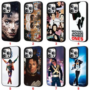 May include: Eight phone cases showcasing images of Michael Jackson. The cases feature portraits, album art, and iconic imagery, including the words "MICHAEL JACKSON NUMBER ONES" and "ME ALONE". The cases are black with images on the back.