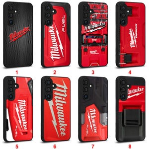 Puede incluir: Una colección de ocho fundas para teléfono, cada una con un borde negro y un diseño relacionado con la marca Milwaukee. Los diseños incluyen el logotipo de Milwaukee, gráficos de herramientas y la palabra "FUEL" en blanco. Las fundas son rojas y negras.