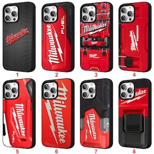 May include: Collection of eight phone cases, each featuring the Milwaukee logo in red and white. Designs include a black case with a textured pattern, red cases with the FUEL logo, and a case with a PACKOUT design.