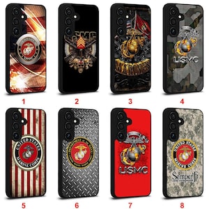 May include: A collection of eight phone cases featuring USMC emblems and designs. The cases display various backgrounds, including camouflage, the American flag, and a diamond plate pattern. Each case has a different design.