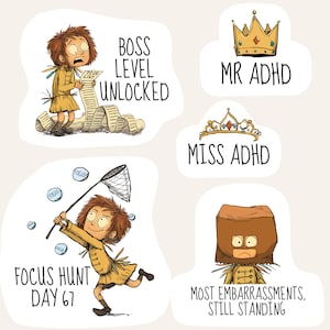 Puede incluir: Ilustración humorística con varias imágenes y texto. Una imagen muestra a una persona abrumada por una larga lista de tareas con el texto «BOSS LEVEL UNLOCKED». Otras imágenes incluyen coronas con las etiquetas «MR ADHD» y «MISS ADHD».