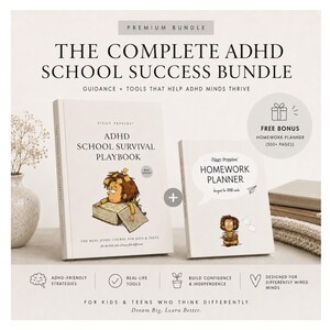 Puede incluir: Un paquete premium que incluye el ADHD School Survival Playbook y un Homework Planner de regalo. Los libros tienen portadas blancas con ilustraciones de un niño, texto en negro y títulos que incluyen Ziggy Peppins, ADHD School Success Bundle y ADHD-friendly strategies.