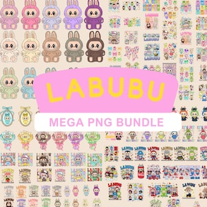 Può includere: Una collezione di immagini PNG colorate con personaggi di coniglietti dei cartoni animati in vari abiti e pose. Le immagini includono il testo "LABUBU" e "MEGA PNG BUNDLE". Il tema generale è carino e giocoso.