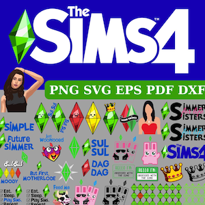 Pode incluir: Design gráfico com o texto "The Sims 4" em branco sobre fundo azul, juntamente com vários ícones e elementos de texto relacionados ao jogo. Inclui uma ilustração de mulher e opções de tipo de arquivo.