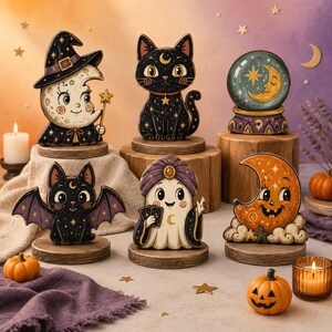 Decorazioni vintage di Halloween con blocchi di legno, decorazioni retrò per mensole, simpatico cartello con fantasma, zucca e gatto nero, decorazione di Halloween con strega, gufo e scheletro