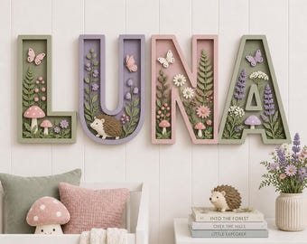 Personalized Woodland Baby Name Sign, Floral Wooden Nursery Letters, Butterfly & Hedgehog Kids Room Decor, Baby Shower Gift