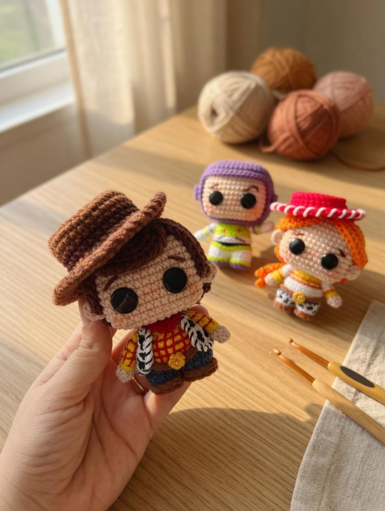 May include: Crocheted figures of Woody, Buzz Lightyear, and Jessie from Toy Story. Woody wears a brown hat and vest. Buzz has a purple hood and green and white suit. Jessie has a red hat and orange hair. Yarn balls and crochet hooks are in the background.