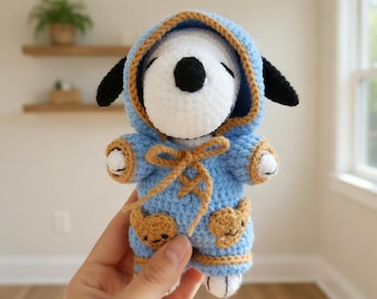 Snoopy Amigurumi Crochet Doll, Blue Hoodie, Cartoon Inspired Plush Toy, Pocket Decor