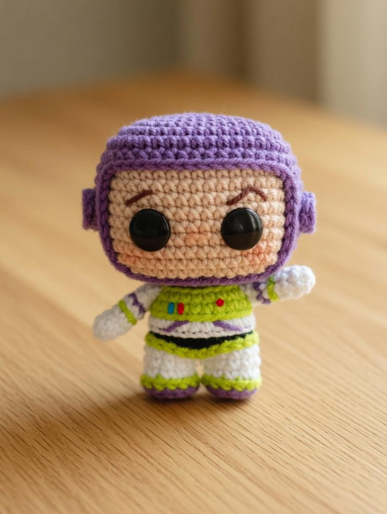 May include: A handmade crochet doll of a cartoon character. The doll features a purple helmet, tan face, and a green and white spacesuit. The doll has large black eyes and is posed with one arm raised. The doll is approximately 4 inches tall.