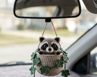 Crochet Raccoon Hanging Plant Basket, Handmade Amigurumi Wall Decor, Cute Crochet Animal Planter, Boho Room Decor, Cozy Nursery Gift