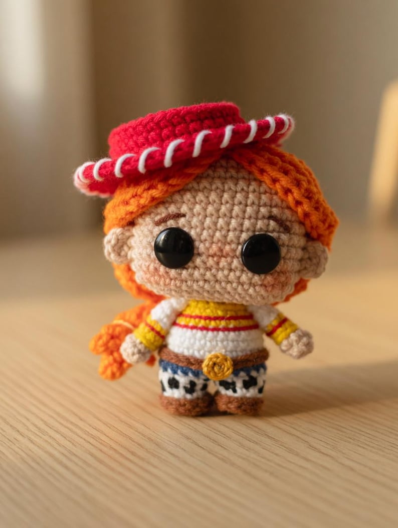 May include: Crocheted doll of a character with orange hair, a red hat, and a white shirt with yellow stripes. The doll has black button eyes and blue jeans with a cow print. The doll is handmade.