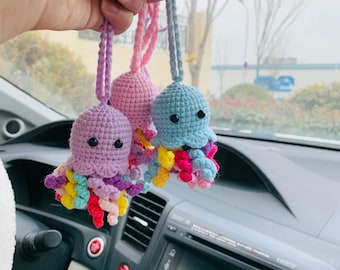 Crochet Jellyfish Car Hanging, Cute Octopus Charm, Kawaii Car Mirror Decor, Handmade Amigurumi Ocean Plush, Colorful Car Accessory