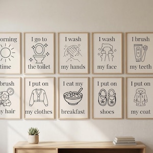 May include: A set of ten framed prints with black line drawings and text depicting a morning routine. The prints include images and text such as "morning time", "I go to the toilet", and "I brush my teeth".
