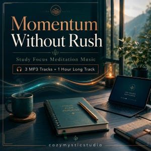 Peut inclure: Une couverture de produit numérique intitulée Momentum Without Rush, Study Focus Meditation Music, avec 3 MP3 Tracks + 1 Hour Long Track. Un carnet vert foncé avec le texte Focus Plan Progress, un stylo doré, une tasse et une tablette sur un bureau.