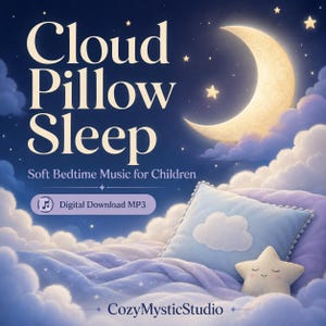 May include: A digital download MP3 titled Cloud Pillow Sleep Soft Bedtime Music for Children by CozyMysticStudio. The image features a light blue pillow with a white cloud applique and a small star-shaped plush toy resting on purple clouds.