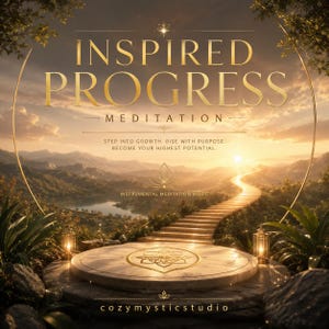 May include: A digital graphic featuring the text INSPIRED PROGRESS MEDITATION, STEP INTO GROWTH, RISE WITH PURPOSE, BECOME YOUR HIGHEST POTENTIAL, and INSTRUMENTAL MEDITATION MUSIC. A stone platform with a lotus symbol overlooks a sunset path.