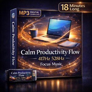 May include: A digital download product box with the title "Calm Productivity Flow" featuring a laptop, coffee cup, and a glowing background. The box also displays "MP3 Digital Download" and "18 Minutes Long."