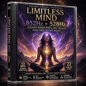 Op de afbeelding: Een cd-hoesje met de titel "LIMITLESS MIND 852Hz + 528Hz" met een mediterende vrouw. De hoes bevat tekst over het activeren van een hogere geest en DNA-genezing, en diepe meditatiemuziek. De cover art heeft een paars en goud kleurenschema.