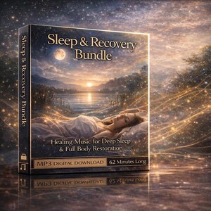 Puede incluir: Un paquete de descarga digital titulado "Sleep & Recovery Bundle". La portada presenta un paisaje sereno con una persona durmiendo, una luna y una puesta de sol sobre el agua. El texto incluye "Healing Music for Deep Sleep & Full Body Restoration."
