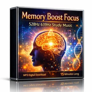 May include: A digital download product box with the title "Memory Boost Focus" and the text "528Hz 639Hz Study Music." The cover art features a glowing brain illustration inside a human silhouette, with the text "15 Minutes Long" and "MP3 Digital Download."