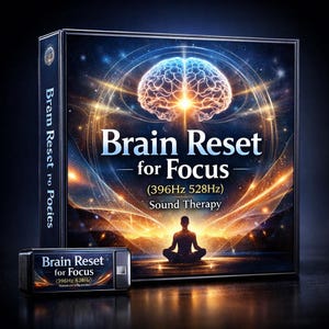 May include: A product box and a small device with the text "Brain Reset for Focus" and "Sound Therapy." The box features a glowing brain graphic, a meditating figure, and the text "(396Hz 528Hz)." The color scheme is dark blue and gold.