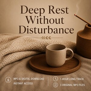 May include: A beige ceramic mug sits on a round wooden tray next to a textured beige blanket and a wooden incense holder with a smoking incense stick. The text reads Deep Rest Without Disturbance, MP3 & DIGITAL DOWNLOAD, INSTANT ACCESS, 1-HOUR LONG TRACK, 3 ORIGINAL MP3 FILES.