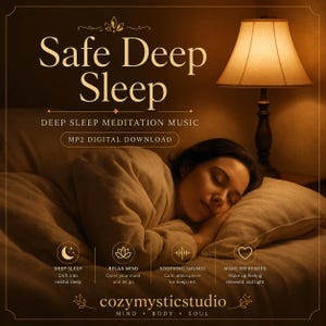 May include: A digital download graphic titled Safe Deep Sleep featuring text Deep Sleep Meditation Music and MP2 Digital Download. The image shows a person sleeping in a warm, dimly lit room with a bedside lamp and icons for sleep, relaxation, and sound.