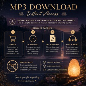 May include: Digital download graphic with instructions for purchasing an MP3. The image features a shopping cart, a download icon, an MP3 symbol, and headphones. Text includes "MP3 DOWNLOAD Instant Access" and "Digital Product - No physical item will be shipped."