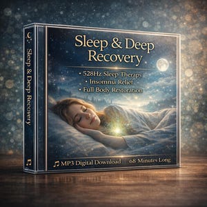 Può includere: Una custodia per CD con il titolo "Sleep & Deep Recovery" su uno sfondo di notte stellata. La copertina presenta una donna che dorme pacificamente, con testo che indica la terapia del sonno a 528 Hz, il sollievo dall'insonnia e il ripristino completo del corpo. La custodia indica anche un download digitale MP3, della durata di 68 minuti.