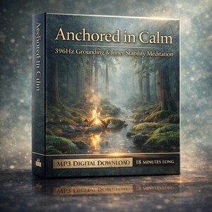 Può includere: Scatola del prodotto intitolata "Anchored in Calm" con immagini della foresta. La scatola presenta il testo "396Hz Grounding & Inner Stability Meditation" e "MP3 DIGITAL DOWNLOAD 18 MINUTES LONG". Il dorso recita "Aee bored in Calm".