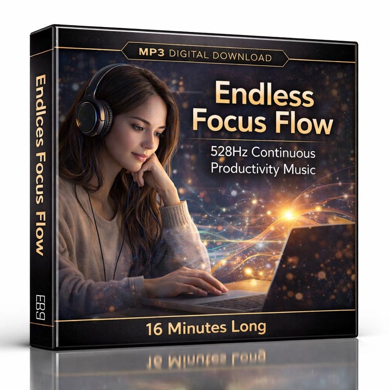 May include: Digital download product box titled "Endless Focus Flow" featuring a woman wearing headphones and using a laptop. The box has text that reads "528Hz Continuous Productivity Music" and "16 Minutes Long". The box is black with gold accents.