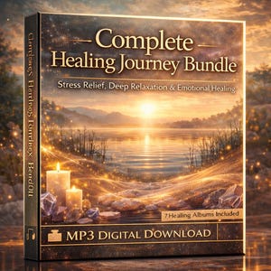 May include: A digital download package titled "Complete Healing Journey Bundle." The cover features a serene landscape with a lake, mountains, and a sunset. Text includes "Stress Relief, Deep Relaxation & Emotional Healing" and "7 Healing Albums Included."