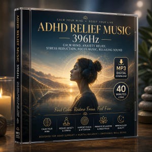Puede incluir: Una caja de CD con "ADHD Relief Music - 396Hz". La portada muestra a una mujer con auriculares, con un paisaje sereno de fondo. El texto incluye "Calm Mind, Anxiety Relief" y "MP3 Digital Download, 40 Minutes Long."