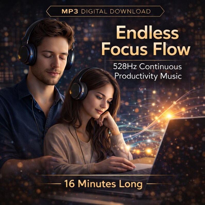 May include: Image promoting an MP3 digital download of "Endless Focus Flow" music. A man and woman wearing headphones are featured. The text indicates the music is 528Hz continuous productivity music and is 16 minutes long.