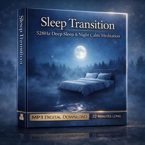 May include: A digital download box titled "Sleep Transition" with a night scene featuring a bed, moon, and trees. The box has text that reads "528Hz Deep Sleep & Night Calm Meditation", "MP3 DIGITAL DOWNLOAD", and "22 MINUTES LONG". The side of the box reads "Sleop Trenssii cor".