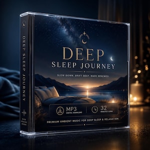 Könnte beinhalten: Eine CD-Hülle mit dem Titel "DEEP SLEEP JOURNEY" in goldfarbenen Buchstaben auf einem dunkelblauen Hintergrund. Das Cover zeigt eine ruhige See unter einem Sternenhimmel. Die Hülle gibt an, dass die Musik 32 Minuten lang ist und ein digitaler MP3-Download ist.