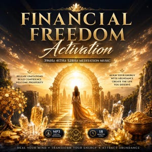 Op de afbeelding: Een digitale afbeelding getiteld FINANCIAL FREEDOM Activation met een persoon in een gouden jurk voor een gloeiende boog. De scène bevat een gouden muntenboom, heldere kristallen, een schaal met gouden munten en tekst over 396Hz 417Hz 528Hz meditatiemuziek, MP3-download en 18 minuten lang.