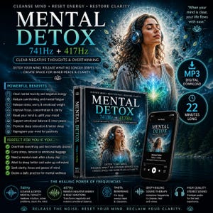 May include: A promotional image for "Mental Detox" featuring a woman wearing headphones, a CD, and a smartphone. The text includes "741Hz + 417Hz" and "Clear Negative Thoughts & Overthinking." The image promotes mental wellness and clarity.