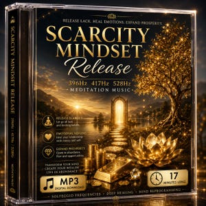 Puede incluir: Una caja de CD de plástico transparente con una portada dorada y negra con el texto SCARCITY MINDSET Release, 396Hz 417Hz 528Hz MEDITATION MUSIC. La ilustración muestra un árbol brillante, una flor de loto, monedas de oro y un lingote de oro.