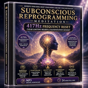 Könnte beinhalten: CD-Hülle für ein Meditationsprogramm namens "Subconscious Reprogramming". Das Cover zeigt eine Frau mit leuchtender Aura, eine Lotusblume und Text, darunter "417Hz Frequency Reset". Die CD ist ein digitaler MP3-Download, 24 Minuten lang.