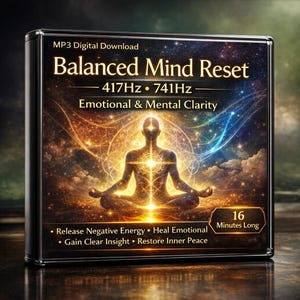 Può includere: Un pacchetto di download digitale intitolato "Balanced Mind Reset". La copertina presenta una figura che medita con un'aura luminosa, su uno sfondo cosmico. Il testo include "417Hz • 741Hz", "Chiarezza emotiva e mentale" e punti elenco che elencano i vantaggi. Il pacchetto dura 16 minuti.