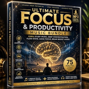 Puede incluir: Una caja de CD para el "Ultimate Focus & Productivity Music Bundle". La portada presenta texto dorado y un gráfico de cerebro brillante. El texto incluye "528Hz Study Music", "Deep Concentration" y "ADHD Focus Support". La caja está etiquetada como "MP3 Digital Download".