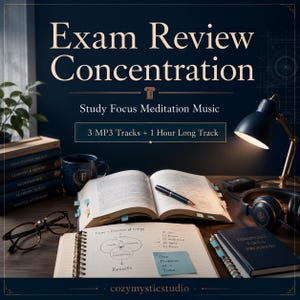 May include: A study desk setup featuring an open book with a pen, a spiral notebook with handwritten notes and a sticky note, a stack of books, glasses, headphones, and a desk lamp. Text reads Exam Review Concentration, Study Focus Meditation Music, 3 MP3 Tracks + 1 Hour Long Track, and cozymysticstudio.